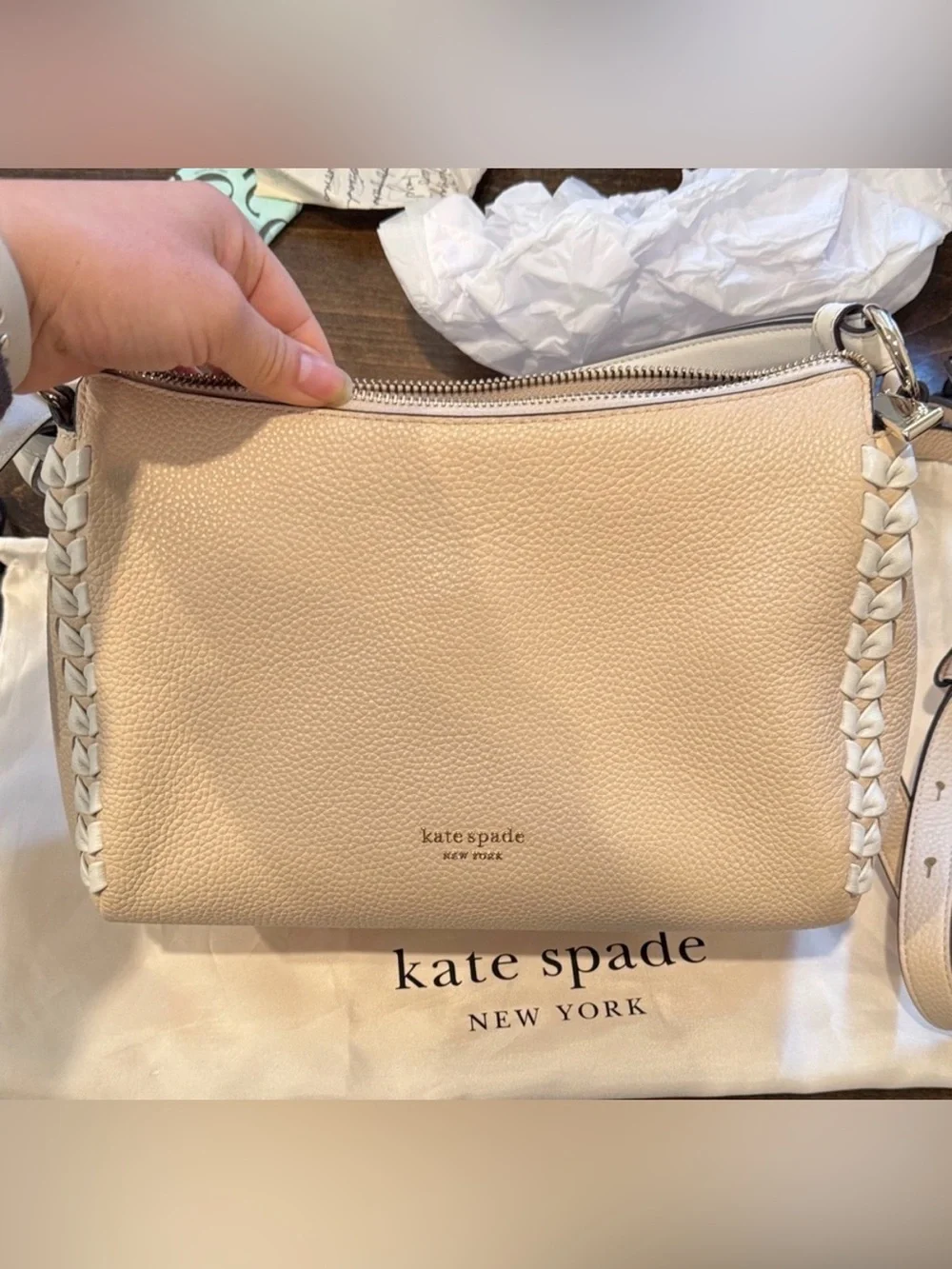 kate spade Pebbled Cream Leather Shoulder Bag with Woven Side Detail